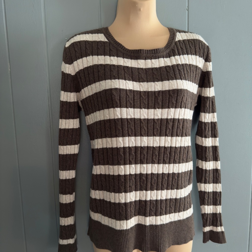 Y2K Laura Scott brown striped cable knit‎ sweater M cotton blend preppy classic
